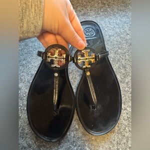 Tory Burch Black Patent Jelly Miller Thong Sandals with Gold Logo